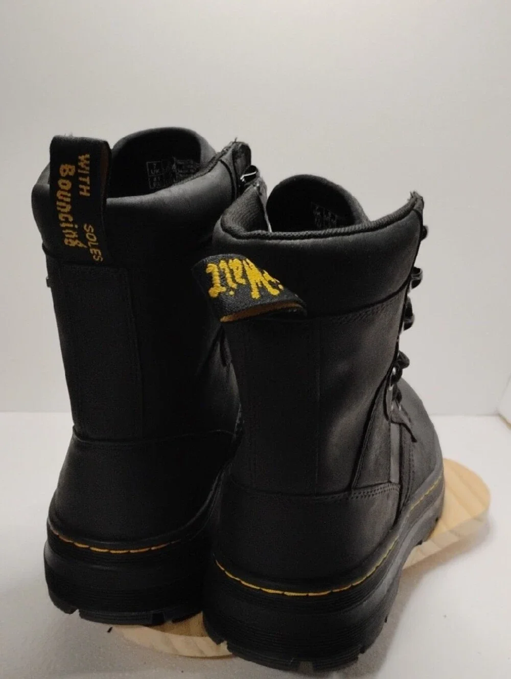Dr. Martens Men's Black Lace-Up Leather Combat Boots with Yellow Heel Loop